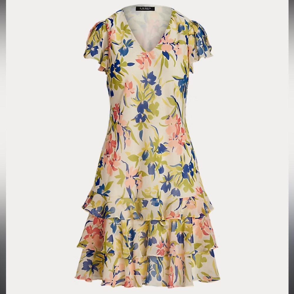 Ralph Lauren Floral Colorful Georgette Drop-Waist Dress Size 4 - Picture 1 of 14
